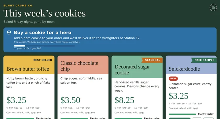 Menu board with a blue banner: Buy a cookie for a hero, 37 given so far toward a goal of 200
