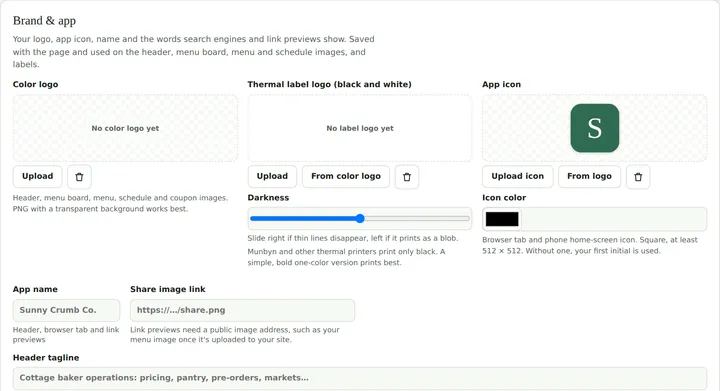 Brand settings with logo, label logo and app icon