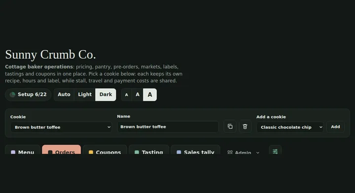 The app header in dark mode with large text, and Auto, Light and Dark switches