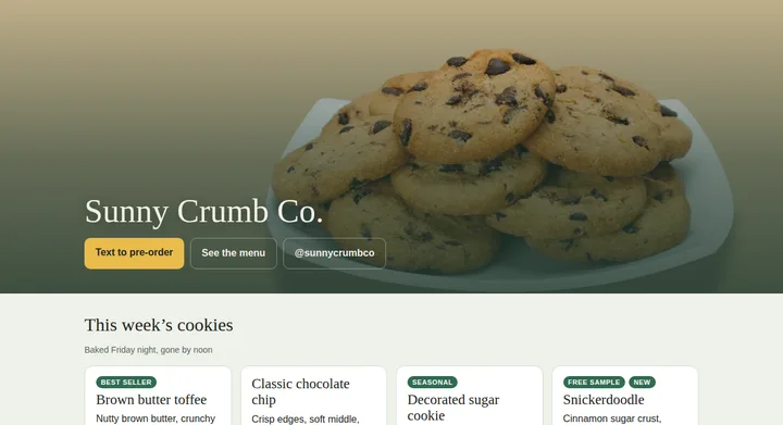 A bakery home page with a full-width cookie photo behind the name, tinted in the brand color