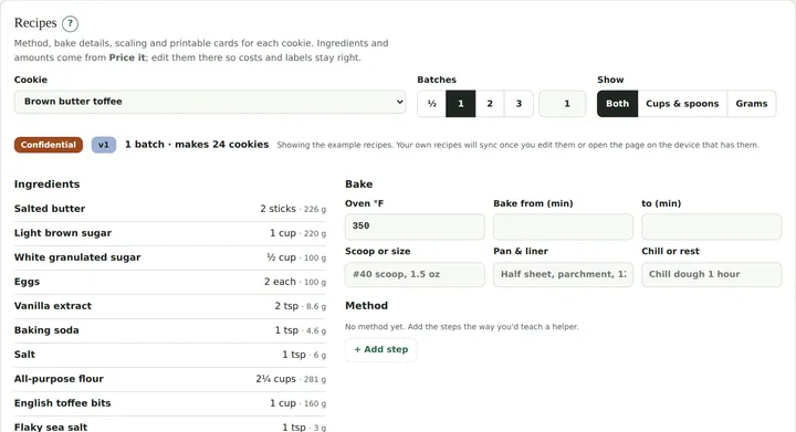 Recipe card with ingredients, batch scaling and bake settings