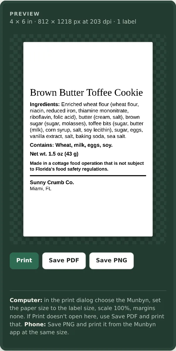 A 4 by 6 inch ingredient label with allergens, net weight and the Florida cottage food statement