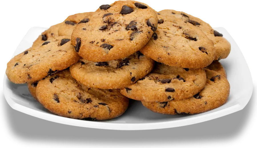 A plate of fresh chocolate chip cookies